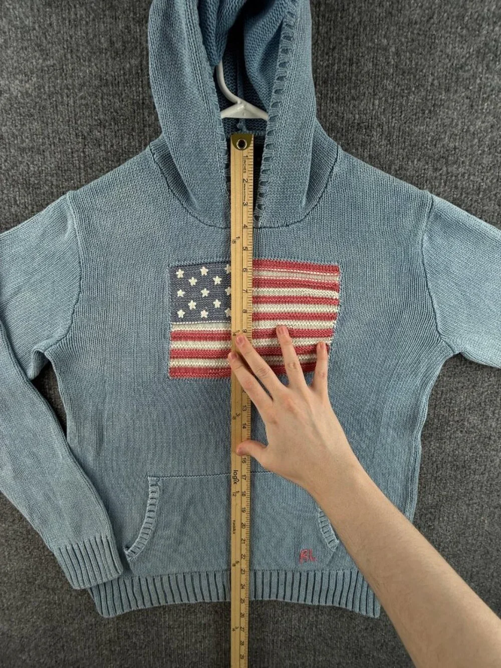 Polo Ralph Lauren Flag Sweater Girls XL 18-20 Graphic Cotton Hooded Light Blue
